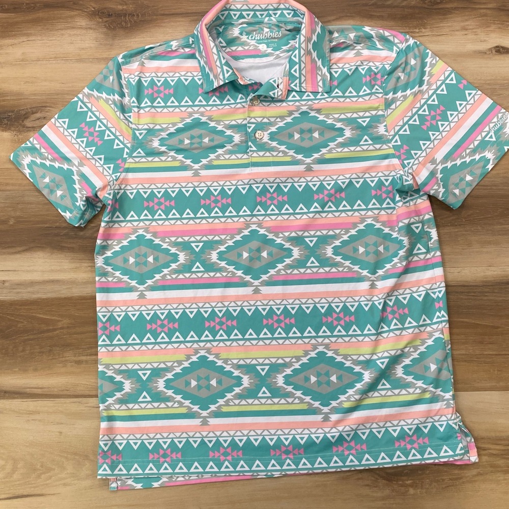 Chubbies Polo Shirt Small Aztec Southwestern Performance Poly Spandex Teal Pink